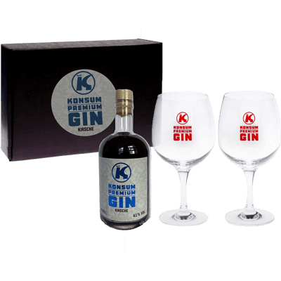 Konsum Premium Gin Geschenkset (1x Kirsch Gin + 2 Nosing Gläser)