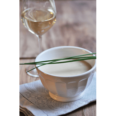 Spring kiss creamy soup of white asparagus