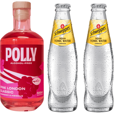POLLY Pink G+T Set (1x alcohol-free pink gin alternative + 2x tonic water + 2x glasses + 1x recipe book)