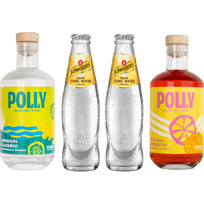 POLLY Starter Pack Alkoholfrei (1x Alkoholfreier Gin + 1x Alkoholfreier Aperitif + 2x Tonic Water + 1x Rezeptbuch)