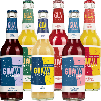 GUA LIMO 6er Gemischte Kiste - (1x Aronia & Hagebutte + 1x Mango & Limette + 1x Sauerkirsche & Rose + 1x Ingwer & Kurkuma + 1x Holunder & Minze + 1x Yuzu)