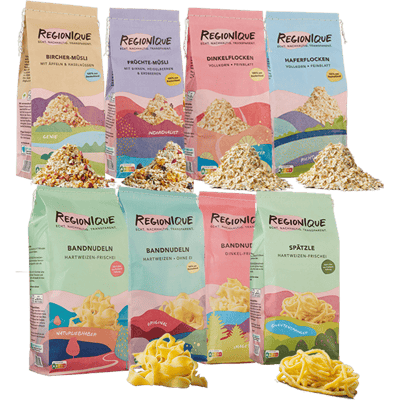 Genießer-Geschenke-Set (1x Bircher Müsli + 1x Früchte Müsli + 1x Dinkelflocken + 1x Haferflocken + 1x Spätzle + 3x Bandnudeln)