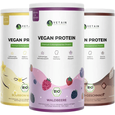 Bundle of 3 Vetain vegan protein powder (1x wild berry + 1x cocoa + 1x vanilla)