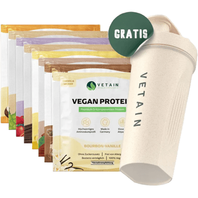 Vetain veganes Proteinpulver Probierpaket mit GRATIS Shaker (8x verschiedene Sorten)